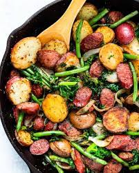 Skillet Kielbasa And Potatoes With Kale Green Beans Recipe In 2021 Chicken Sausage Recipes Kielbasa Kielbasa Recipes