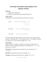 Factoring trinomials (a = 1). Factoring Trinomials Using Algebra Tiles Student