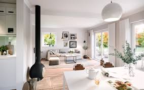 modernes wohnzimmer offen mit essbereich kamin wohnideen inneneinrichtung fertighaus sh 142 innen von scanhaus marlow ha fertighaus preis scanhaus wohnen