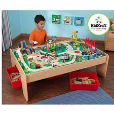 Kidkraft Wooden Train Table With 3 Bins And 120 Piece Waterfall Mountain Train Set Walmart Com Wooden Train Table Train Set Table Train Table