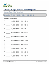grade 4 place value worksheets build a 5 digit number from the parts k5 learning