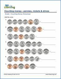grade 1 counting money worksheets pennies nickels and dimes k5 learning