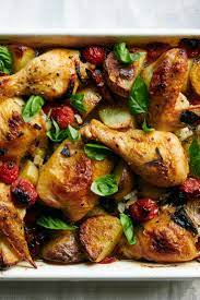 Baked Chicken With Potatoes Cherry Tomatoes And Herbs Recipe Recipe Chicken Potato Bake Herb Recipes Chicken Potatoes