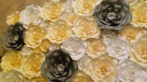 White and gold wall flowers. Silver Grey White Gold Flower Wall Living Room Wall Handmade Flowers Paper Paper Flower Wall Paper Flowers Diy