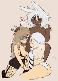 1boy 2girls areola ass balls black clothing blonde hair blush  breasts bunny ears choker closed eyes coello collaborative fellatio  commission dark-skinned male double double blowjob english text fellatio  fishnets