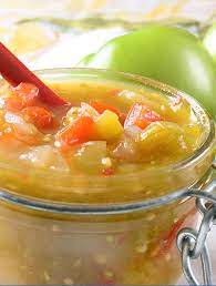 This Chunky Sweet And Spicy Relish Is The Perfect Way To Use Up All Those Green Tomatoes In Your Garden Tomato Relish Green Tomato Relish Canning Recipes