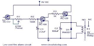 This smoke detector circuit sense the smoke in the air and displays the level of smoke in ppm (parts per million) on lcd display. Low Cost Fire Alarm Circuit Working Circuit Scematic