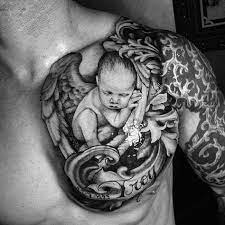 Mens Troy Baby Angel Kids Name Chest Tattoo Tattoosformen Tattoos For Guys Baby Tattoos Tattoos With Kids Names
