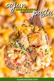 It's made with a whole roasted chicken, smoked sausage, peppers, celery, onions, rice, and spice mix and feeds a crowd. Cajun Sausage Chicken Spinach Pasta Plain Chicken