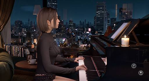 夜景をバックにピアノを演奏する様子。デスクトップの癒やしとして最適（AI 生成）