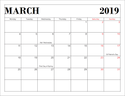 March 2019 Calendar With Holidays Holiday Calendar Holiday Calendar Printable 2019 Calendar