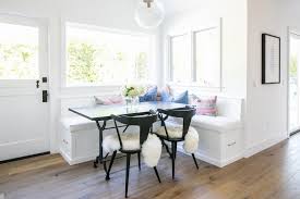 Farmhouse dining benches eames dining chair dining room bench seating dining chair cushions dining table diy bench seat upholstered dining bench upholstered furniture bench furniture. Contemporary Dining Space With Built In Bench Seating White Fur Seat Covers And Blue And Pink Decorative Throw Pillows Hgtv