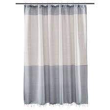 The dahlia pattern of bold stripes in spring colors on this cornice valance from the curtain shop will add a fresh new look to any room. Threshold Shower Curtain Stripe Blue Fringe Stylish Shower Curtain Striped Shower Curtains Modern Shower Curtains