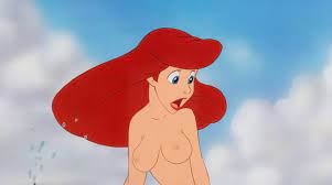 accurate art style ariel big breasts blue eyes breasts disney  disney princess edit female lipstick long hair nipples nude open mouth red  hair screenshot screenshot edit sky the little