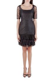 Marchesa Notte Black Lace Ruffle Tiered Hem Feather Insert Cocktail Dress M Marchesa Tlc