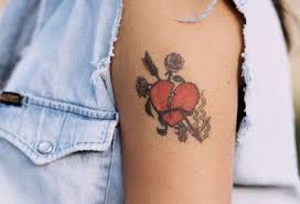 Red Broken Heart With Three Violet Roses And Burning Arrow Tattoo Design Broken Heart Tattoo Broken Tattoo Heart Tattoo