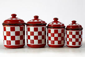 Black And White Checkered Canister Set Vintage Red And White Checkered Canisters From Etsy Red Red Checkered Enamel Canisters