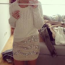 Casual Sequins Skirt And Knit Sweater Cardigan Love The Look For A Winter Date Night Fashion Sparkly Skirt Style