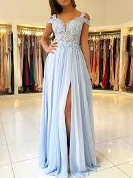 2021 Off The Shoulder Prom Dresses Light Sky Blue V Neck Chiffon Side Split A Li In 2021 Bridesmaid Dresses Long Blue Light Blue Prom Dress Sky Blue Bridesmaid Dresses