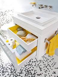 Photo of a modern shower room bathroom in london with open cabinets, a wall mounted toilet, white walls, a vessel sink, wooden worktops, white floors explore the beautiful modern bathroom ideas photo gallery and find out exactly why houzz is the best experience for home renovation and design. 10 Yellow Bathroom Ideas Hgtv S Decorating Design Blog Hgtv