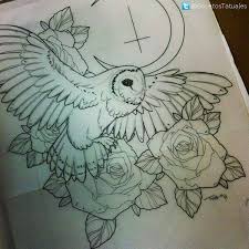 Black And White Owl And Rose Tattoo Designs Owl Moon And Roses Tattoo Design Owl Tattoo Owl Thigh Tattoos Barn Owl Tattoo