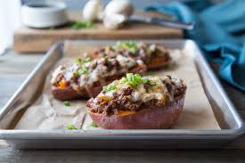 Turkey Mushroom Bbq Stuffed Sweet Potatoes Recipe Stuffed Mushrooms Sweet Potato Sweet Potato Recipes
