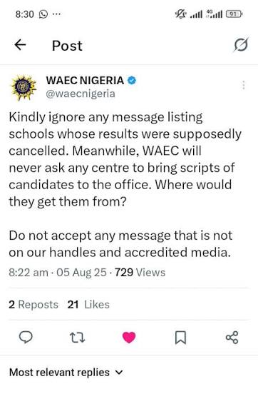 WAEC debunked the viral list of schools accused of Examination Malpractices.
