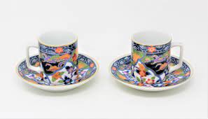 A small open container, usually with a flat bottom and a handle, used for drinking. Demitasse Cup And Saucers Andrea By Sadek Oriental Imari Set Of 2 Japan Antigo Trunk