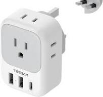 US to UK Plug Adapter, TESSAN Type G Travel Converter with 3 USB Charger(1  USB C Port), 4 Outlets Power Adaptor for USA to Qatar Ireland Hong Kong ...