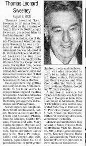 Thomas Leonard Sweeney Obit August 2008 Scranton Times Tribune died in  Santa Monica CA