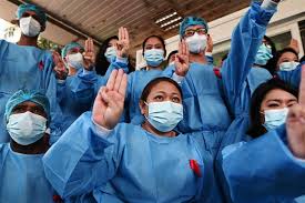 France 24 is not responsible for the content of protesters hold up the three finger salute during a demonstration against the military coup in yangon. Em Damqmg5dr9m