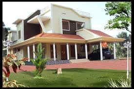 Two floors villa exterior design with biophilic elements, entrance pathway and landscape. Veedu Kerala Home Design