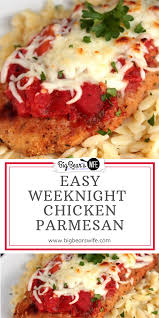 Baked chicken parmesan coated with a deliciously seasoned parmesan cheese crust and topped with melty mozzarella and tangy marinara sauce. Easy Weeknight Baked Chicken Parmesan Big Bear S Wife