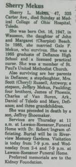 Sherry Beach (Mekus) (Deceased), Defiance, OH Ohio