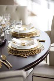 Includes dining table and 6 dining side chairs. Elegant Style White Gold Table Decor Dining Table Decor Table Setting Decor Beautiful Table Settings