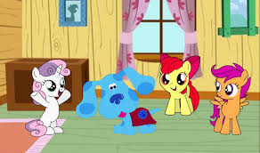 3034876 - safe, artist:joeysclues, apple bloom, scootaloo, sweetie belle,  dog, earth pony, pegasus, pony, unicorn, g4, blue (blues clues), blues  clues, cape, clothes, clubhouse, crossover, cutie mark crusaders, cutie  mark crusaders patch,