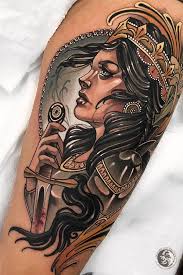Woman Portrait Tattoo For Men By Tattoo Artist Marty Early France Traditional Tattoo Woman Medieval Tattoo Traditional Tattoo Woman Face