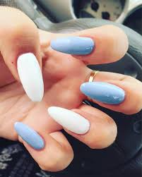 D white bow, rhinestones & stripe accent on acrylic nails. Blue White Almond Shaped Nails Gel Nails Shape White Acrylic Nails Nail Shapes Squoval