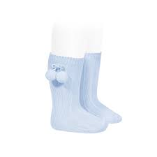 knee high ribbed pom pom sock baby blue