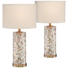 Table lamps for bedroom, small bedside table lamps for. 360 Lighting Coastal Accent Table Lamps Set Of 2 Mother Of Pearl Tiles Cylinder Cream Linen Drum Shade For Living Room Bedroom Walmart Com Walmart Com