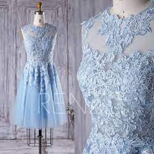 2016 Light Blue Mesh Bridesmaid Dress Lace Illusion Wedding Dress A Line Baby Mesh Bridesmaids Dress Homecoming Dresses Prom Dresses Short