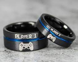 Gamer Ring Player 1 Ring Player 2 Ring Gamer Jewelry Free Shipping 2 Piece Couple Set 10mm 6mm Black Tungsten Black Tungsten Band Couple Jewelry Cute Jewelry