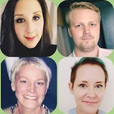 Här är vi som jobbar i teamet nu. Sandra Dahlström kurator, Joel Hedberg  fysioterapeut, Pernilla Degerfeldt sjuksköterska, Jeanette Carlsson  arbetsterapeut