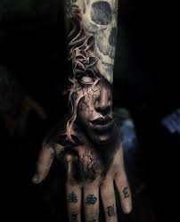 Done This Hand Piece Today Skull Not By Me Sorry For Lack Of Posting In The Last Cpl Of Months Been Havi Evil Tattoos Skull Sleeve Tattoos Hand Tattoos