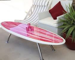 Furniture Outstanding Surfboard Table Design For Patio With White Rattan Outdoor Chairs Chic And Refreshin Hawaiian Home Decor Hawaiian Homes Surfboard Table