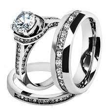 His Hers Stainless Steel 3 Piece Cz Wedding Ring Set And Eternity Wedding Band Women Wedding Rings Sets His And Hers Cz Wedding Ring Sets Cheap Wedding Rings