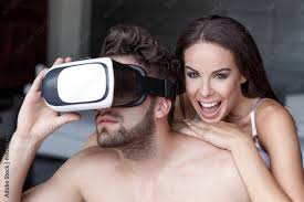 Sexy naked couple playing with VR headset, virtual reality at home Stock  Photo | Adobe Stock