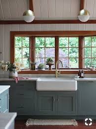 Blue Gray Cabinets White Paneling Stained Wood Trim Rustic Kitchen Cabinets Rustic Country Kitchens Kitchen Design
