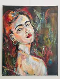 Frida Kahlo mit Dschungelmagie door Rieke Schmieder (2023) : Schilderij  Acryl, Waterverf op Canvas