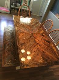 Chevron Design Table Matching Bench Table Has An Epoxy Top To Preserve The Wood Make For A Kid Proof Table Wood Table Design Wood Table Diy Diy Table Top